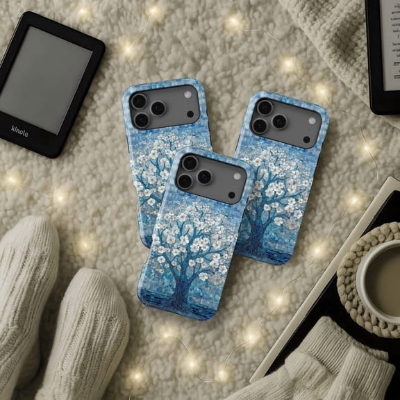 Blue Ceramic Tile Tree Tough Phone Case, Botanical Mosaic Art Dual Layer Shock Absorbing Protective Hard Shell Cover, Compatible with iPhone 16 Pro Max