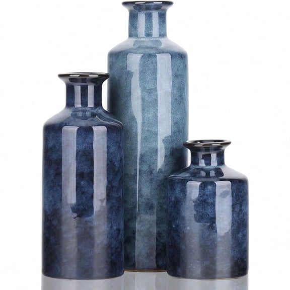Blue Ceramic Vase Set 3 Blue Small Vases Farmhouse Country Flower Vase Home Decor Living Room Decoration Table Decoration Fireplace Decor And Entrance Decorations Centerpieces