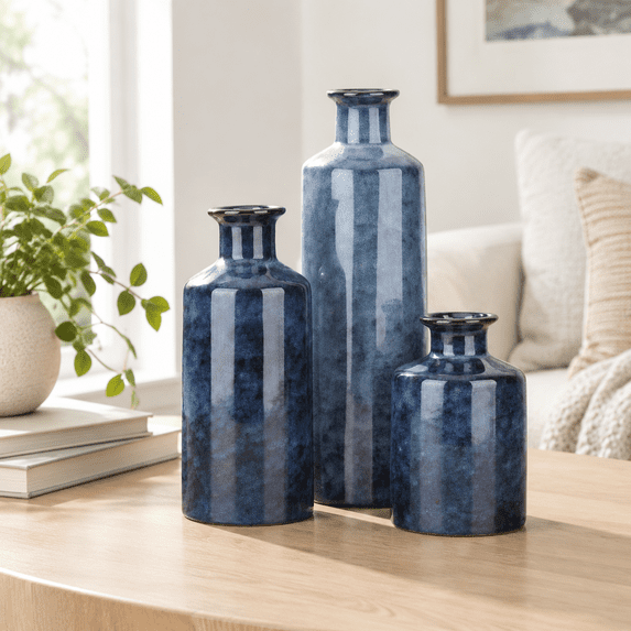 Blue Ceramic Vase Set of 3, Small Decorative Farmhouse Country Flower ...