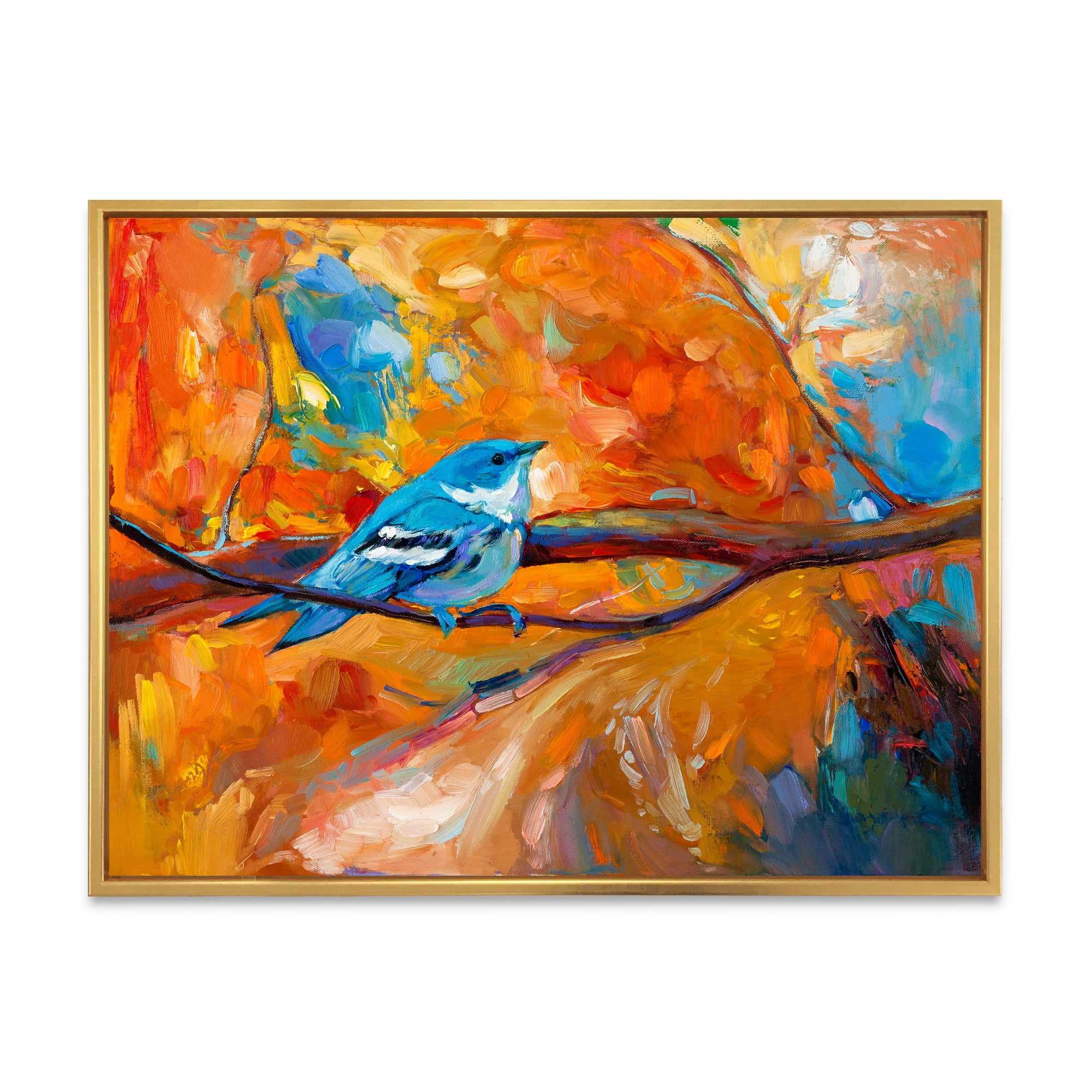 Blue Cerulean Warbler Bird Sitting On A Branch 32 in x 24 in Framed Painting Canvas Art Print, by Designart