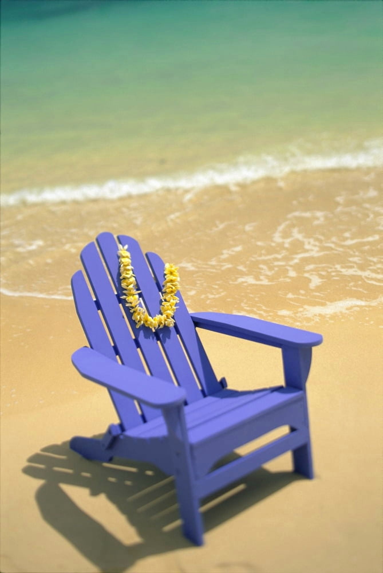 Blue Chair Along Shoreline With Plumeria Lei Hanging On Side Canvas Art - Dana Edmunds Design Pics (24 x 38)