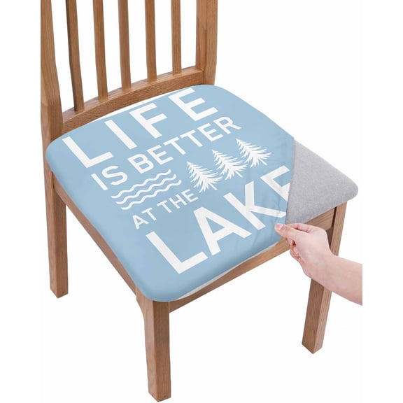 Blue Chair Seat Covers for Dining Room Stretch Chair Seat Covers Set of 2, Mountain Forest Tree Life Is Better at The Lake Chair Seat Protector Cushion Slipcovers for Kitchen Restaurant Office
