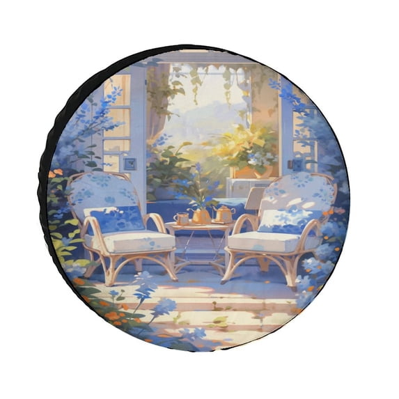 Blue Chairs And Flowers Heavy Duty Spare Tire Cover Ink Oil Painting Watercolor Retro Protectors Weatherproof Dust-Proof Fit for SUV Truck Travel Trailer 15inch