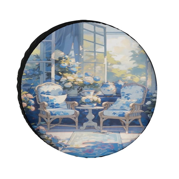 Blue Chairs And Flowers Spare Tire Cover Ink Oil Painting Watercolor Retro Waterproof Sun Protection Universal Fit for Trailer SUV Truck Camper Travel Trailer 12inch