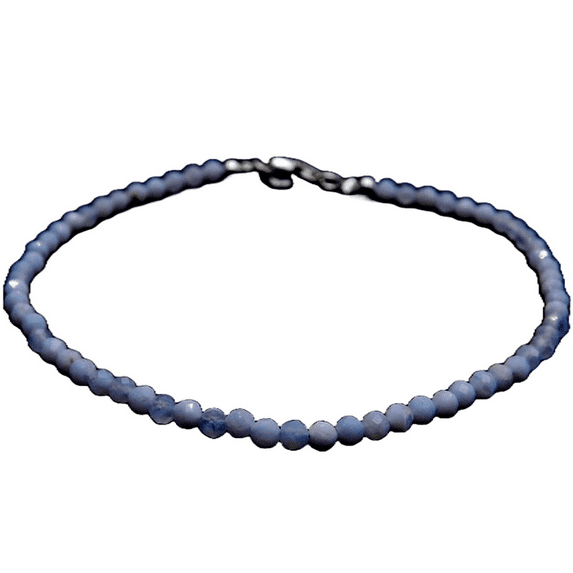 Blue Chalcedony 3mm Round Shape Faceted Cut Beads 7 inch Silver Plated Clasp Bracelet for men, women, unisex. Link Chain Stacking Bracelet.|LINK_01417