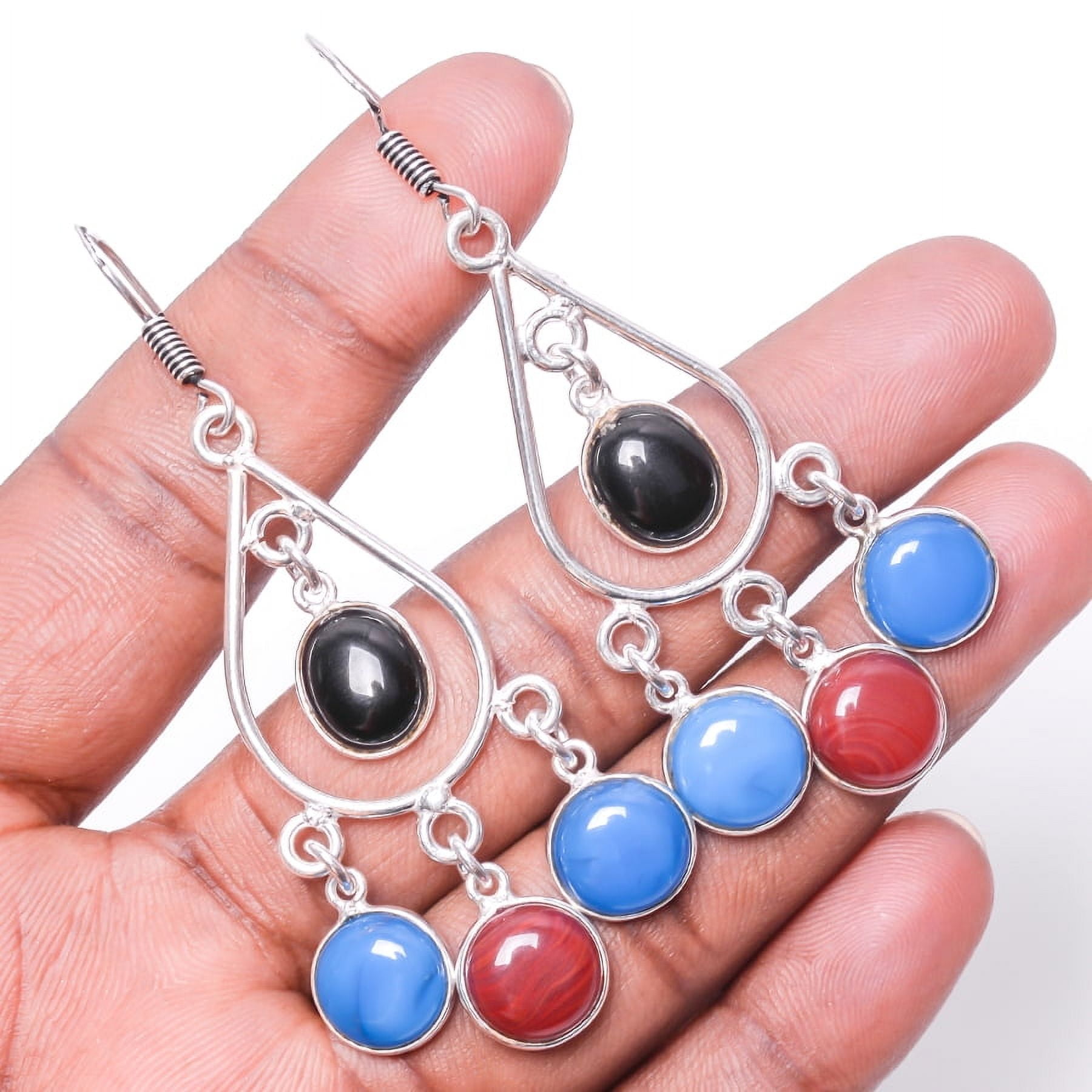 ZAM GEMS Blue Chalcedony & Black Onyx 925 Sterling Silver Earring 2.75"T14