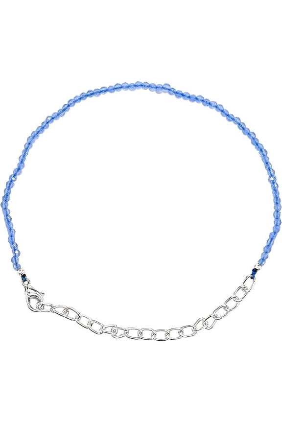 Blue Chalcedony Crystal Bracelet - 2mm Beaded Bracelet and Healing Stones (Faceted, Silver Chain)