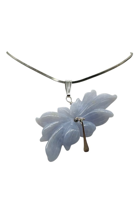 Blue Chalcedony Druzy Carved Flower Sterling Silver Pendant | 1 1/2" Long| Blue|