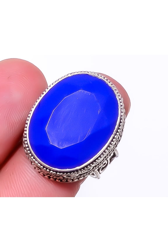 Blue Chalcedony Gemstone 925 Sterling Silver Handmade Bali Ring S.8 R29