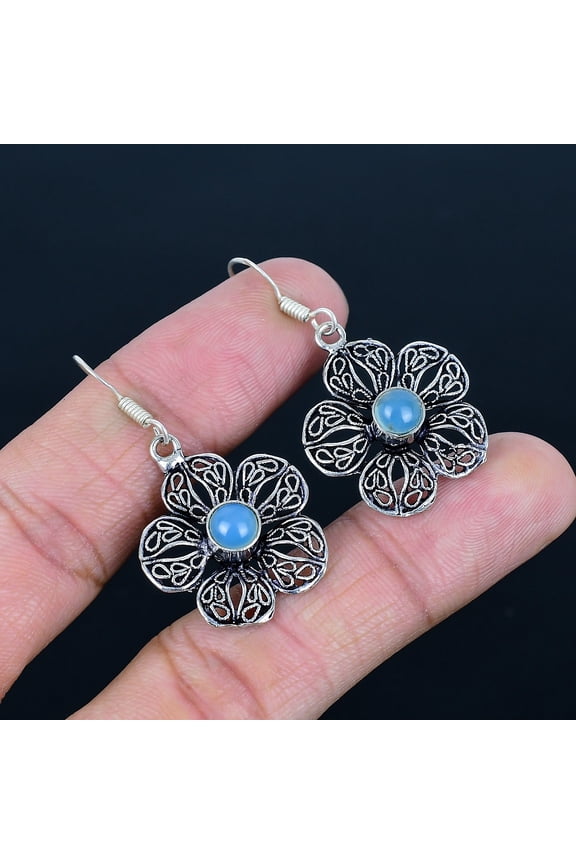 Blue Chalcedony Gemstone Gift 925 Sterling Silver Jewelry Earrings 1.77" VJ 5373