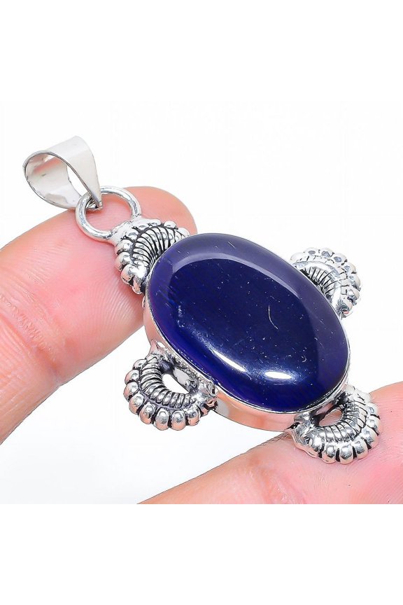 Natural Blue Chalcedony Gemstone 925 Sterling Silver Gift Pendant 1.97"