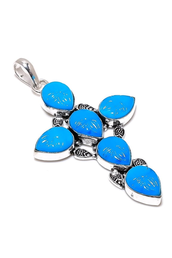 Natural Blue Chalcedony Gemstone 925 Sterling Silver Gift Pendant 3.27"