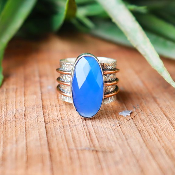 Blue Chalcedony Gemstone Ring, 925 Sterling Pure Silver Ring, Split Band Ring, Healing Crystal Ring, Oval Cut Chalcedony Ring, Gift For Her,