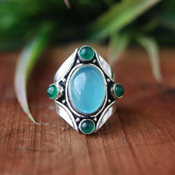 Blue Chalcedony & Green Onyx Ring, 925 Silver Ring, Statement Ring, Oval Cut Gemstone Ring, Designer Ring, Boho Jewelry, Personalized Gift**