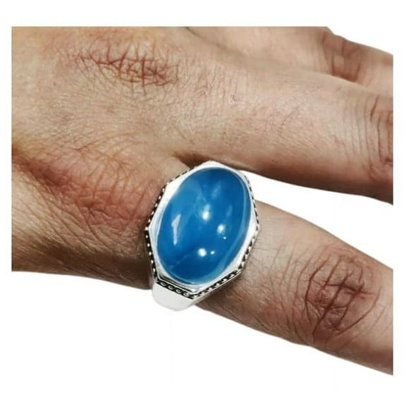 Blue Chalcedony Mans Ring, Natural Blue Chalcedony, Ring, Silver Jewelry, 925 Silver Ring, Gift, Heavy Mens Ring, Arabic Design, Ottoman Style Ring, Christmas, Turkey Mens Signet Ring