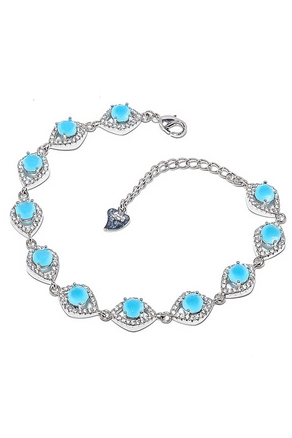 Blue Chalcedony & White Cz 925 Silver Plated Bracelet 6-8" T61, Valentine's Day Gift, Birthday Gift, Beautiful Jewelry For Woman & Girls