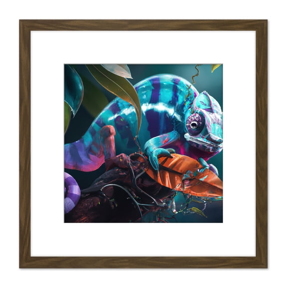 Blue Chameleon Lizard Reptile Portrait Painting Square Wooden Framed Wall Art Print Picture 8X8 Inch