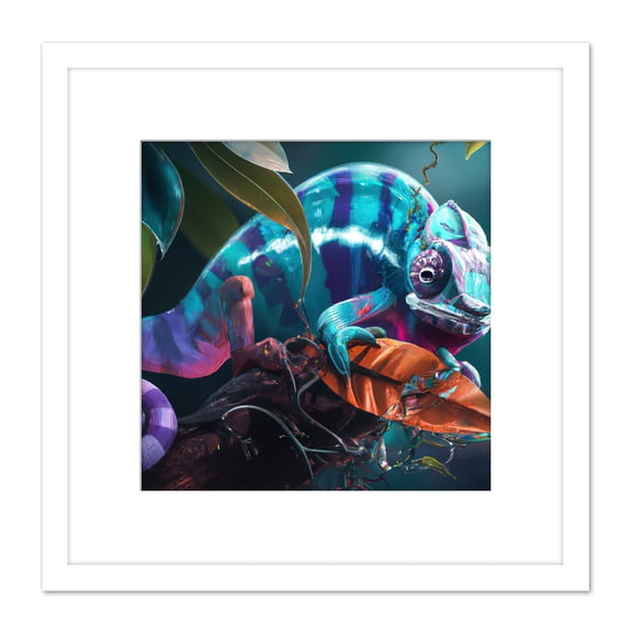 Blue Chameleon Lizard Reptile Portrait Painting Square Wooden Framed Wall Art Print Picture 8X8 Inch