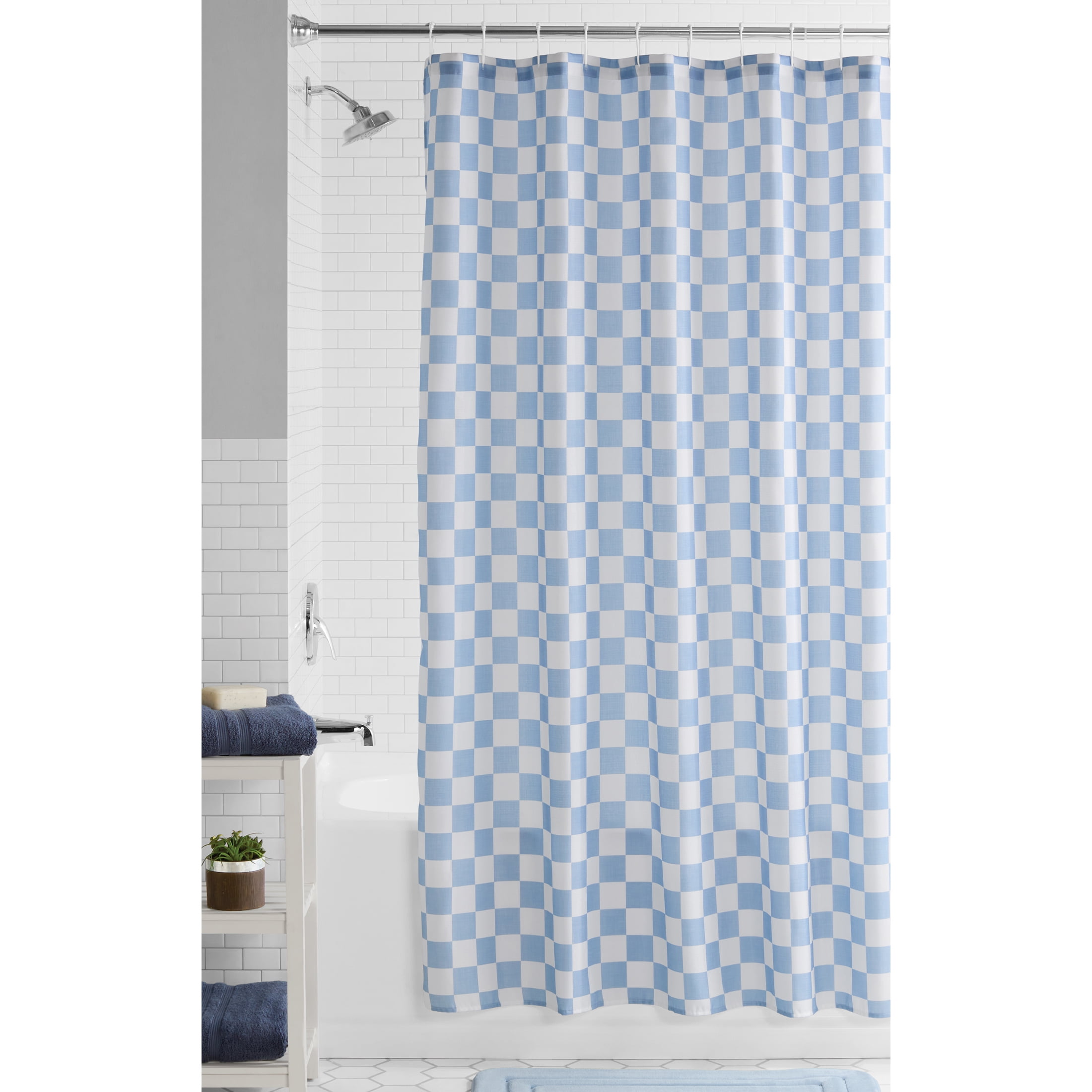 Blue Check Printed Fabric Shower Curtain + Medium Weight Liner