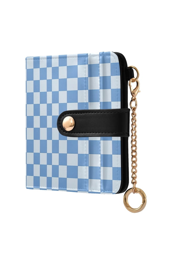 Blue Check Small Wallet for Women RFID Blocking Bifold PU Leather Credit Card Holder with Zipper Coin Pocket Compact Cute Travel Purse Magnetic Snap 7 Card Slots