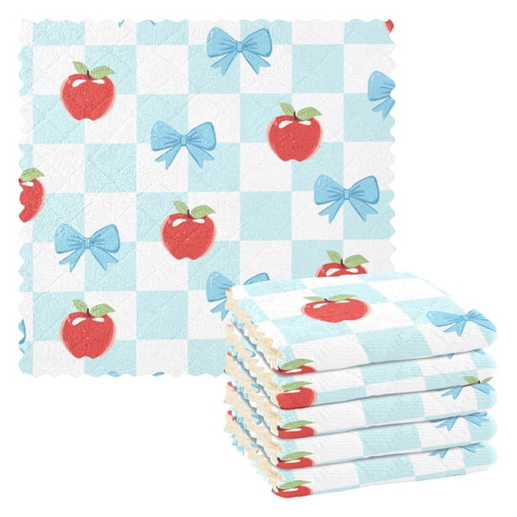 Blue Checkboard Bow Apple Pattern Dish Towels 6 Pack Kitchen Cleaning Dish Cloths Absorbent Reuseable Cleaning Cloths 11'' x 11''