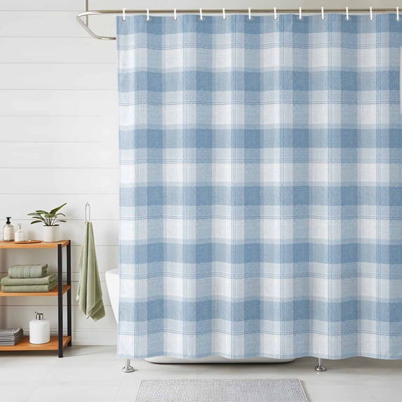 Blue Checked Shower Curtains for Bathroom, Farmhouse Gingham Buffalo Plaid Waterproof Fabric Shower Curtain, Decorative Bathroom Curtain for Bathtub, 36"x72", No Hooks Included