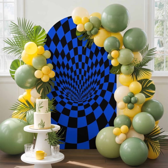 Blue Checker Arch Backdrop Cover, 4FT, Modern Abstract Dark Blue Tunnel Mosaic Cubes Spandex Arch Covers Double-Sided Backdrop for Wedding Birthday Party Photo Background Decoration