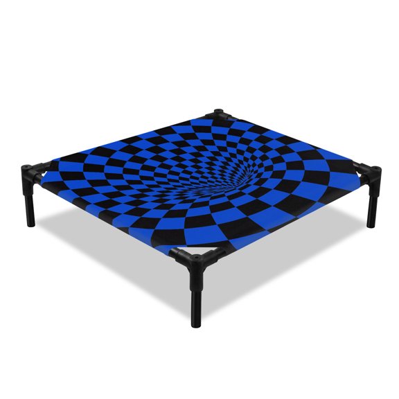 Blue Checker Elevated Dog Bed, Modern Abstract Dark Blue Tunnel Mosaic Cubes Cooling Breathable Outdoor Raised Dog Cot Bed with Metal Frame Non-Slip Feet for Small Dog 20x20in