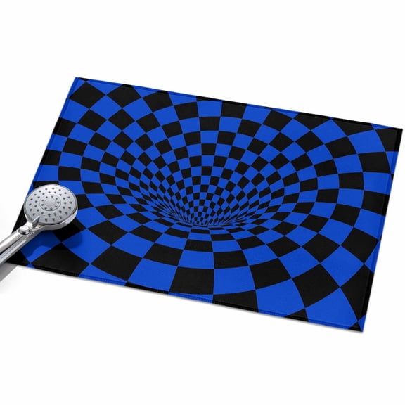 Blue Checker Front Door Rugs 2x3ft Modern Abstract Dark Blue Tunnel Mosaic Cubes Washable Rug, Non Slip Indoor Carpet Absorbent Floor Mat for Living Room Bedroom Dining Room