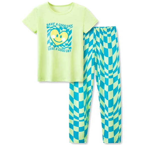 Blue Checker Pajamas for Big / Teen Girls – Cute Summer 2-Piece Short Sleeves Shirt & Pants PJs Play Set Size 12