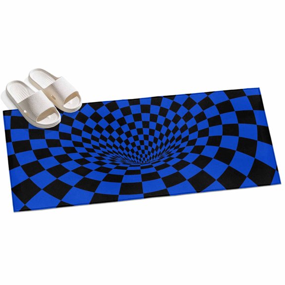 Blue Checker Runner Rugs 2x6ft Modern Abstract Dark Blue Tunnel Mosaic Cubes Washable Rug, Non Slip Indoor Carpet Absorbent Floor Mat for Living Room Bedroom Dining Room