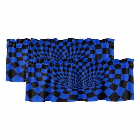 Blue Checker Valances for Window 2 Pack, Modern Abstract Dark Blue Tunnel Mosaic Cubes Rod Pocket Curtains Valances Light Filtering Short Curtains for Kitchen Bedroom Bathroom 42 x 12 Inch