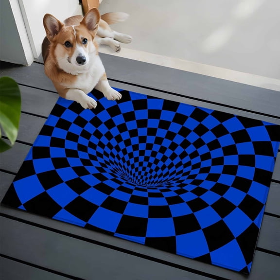 Blue Checker Washable Entry Rug 2x3 Modern Abstract Dark Blue Tunnel Mosaic Cubes Low Pile Indoor Door Mat with Rubber Backing Thin Area Rug for for Entrance, Bedroom, Kitchen, Laundry, Bathroom