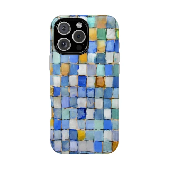 Blue Checker Watercolor Mosaic Art Case for iPhone 17 through 11 Pro Max