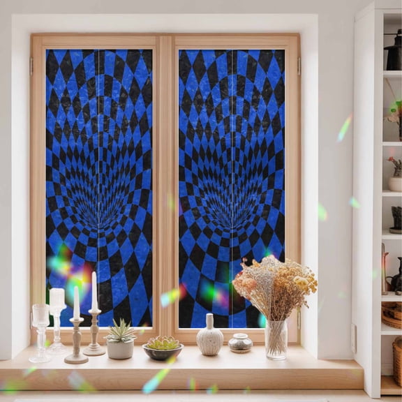 Blue Checker Window Privacy Film Modern Abstract Dark Blue Tunnel Mosaic Cubes Static Cling Stained Glass Window Film Non-Adhesive Decorative Decals Rainbow Sticker 23.6"X59"