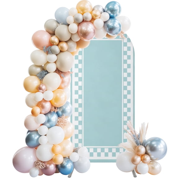 Blue Checkerboard Border Pattern Wedding Arch Backdrop Cover 4FT ,Spandex Fitted Frame Design Wedding Arch Covers Round Top Chiara Arches Backdrop Stand Cover for Birthday Party Ceremony Banquet