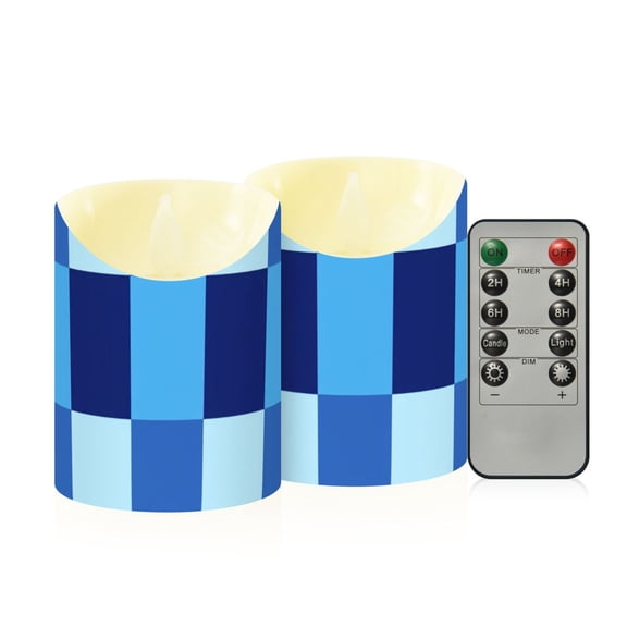 Blue Checkerboard Pixel Art Flickering Flameless Candles with Remote Timer Battery Operated LED Tealight Set of 2 S