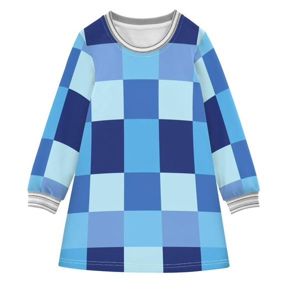 Blue Checkerboard Pixel Art Long-sleeved Dress A-line One-Piece Dress ...