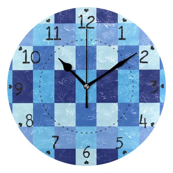 Blue Checkerboard Pixel Art Round Wall Clock Silent Analog Battery Operated Black Pointer Home Decor 9.84" Diameter