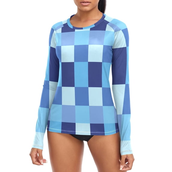Blue Checkerboard Pixel Art Women's Rash Guard Shirts UPF 50+ Sun ...