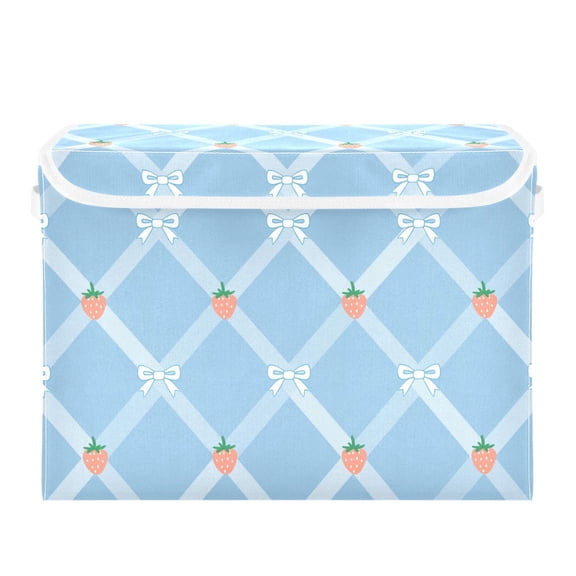 Blue Checkerboard White Bows Strawberries Foldable Storage Bins with Lids Handles Collapsible Storage Containers Tote Boxes 16.5 x 12.6 x 11.8 inches