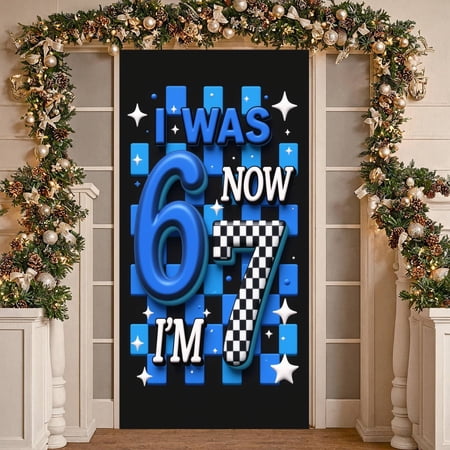 Blue Checkered 7th Birthday Banner Stars I Was 6 Now I'm 7 Display Numbers 6 & 7 Race Car Checkered Flag Backdrop for 7th Birthday Party Kids Birthday Celebration Indoor Party Decoration