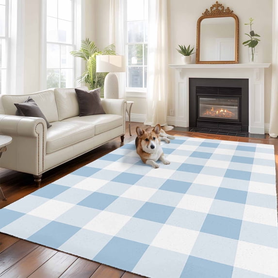 Blue Checkered Area Rug 5x7 FT, Non Slip Bedroom Throw Carpet, Blue White Buffalo Plaid Washable Soft Floor Carpet Non-Shedding Rug for Dining Room Bedside Classroom Desk