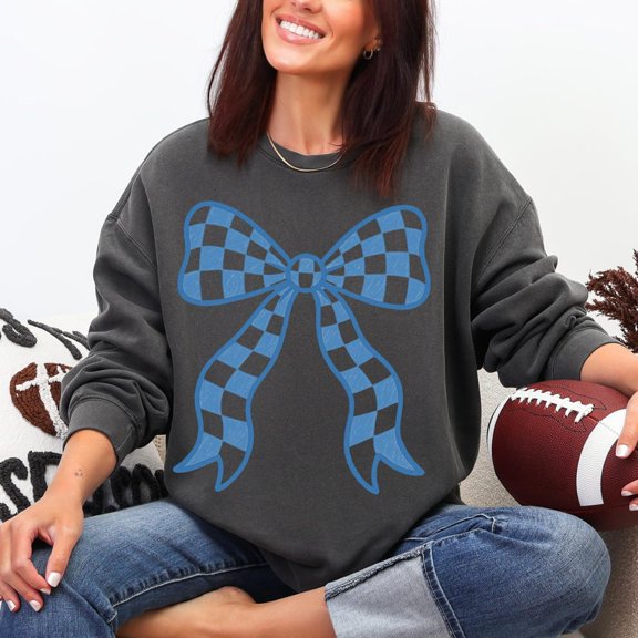 Blue Checkered Bow, Blue Game Day Shirt Design, Checkered School Mascot, Coquette Bow Game Day Shirt Design, Baseball Football 91 All Size S-5Xl