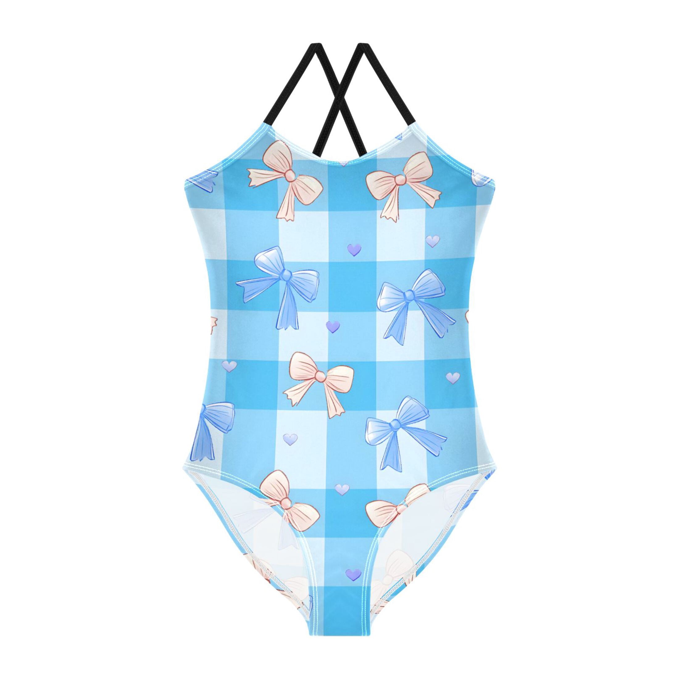 Blue Checkered Bow Pattern Girls' One-Piece Swimwear 3T-10T Soft ...