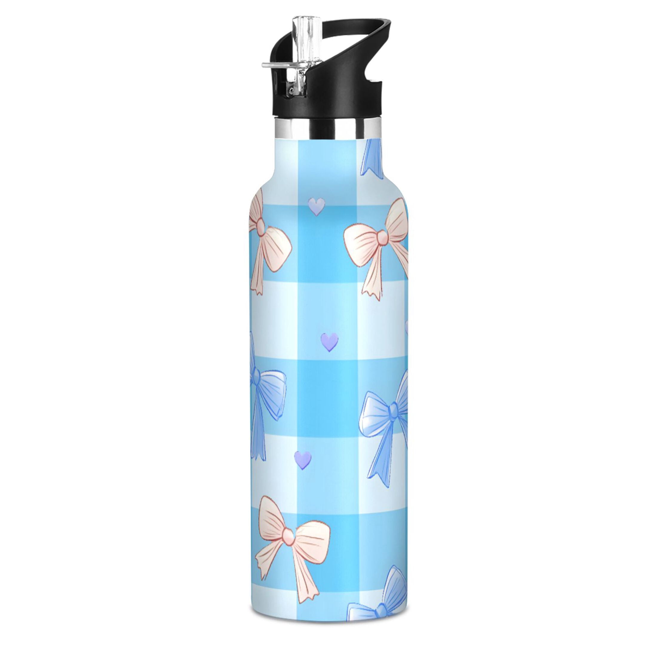 Blue Checkered Bow Pattern Sport Water Bottle for Kids Insulated with ...