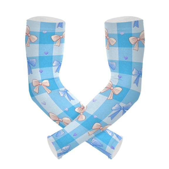 Blue Checkered Bow Pattern UV Protection Cooling Arm Sleeves, Compression Sun Sleeves for Men Women Sports