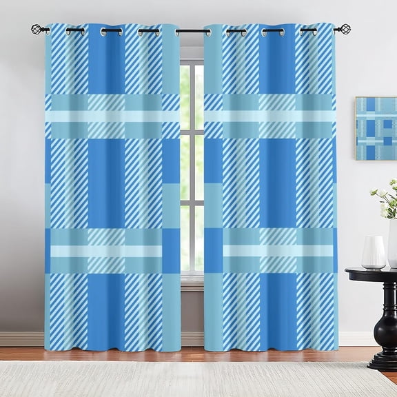 Blue Checkered Boys Bedroom Curtains, Abstract Geometric Art 3D Print Grommet Window Drapes, Soft Thick Drapes For Living Room Dorm Classroom Kitchen 21"W x 45"L (Pack of 2)