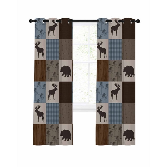Blue Checkered Cabin Blackout Curtains, Light Blocking Print Window Curtains, Farmhouse Forest Brown Buffalo Plaid Thermal Insulated Window Drapes for Living Room 2 Panels, 55"W x 39"L