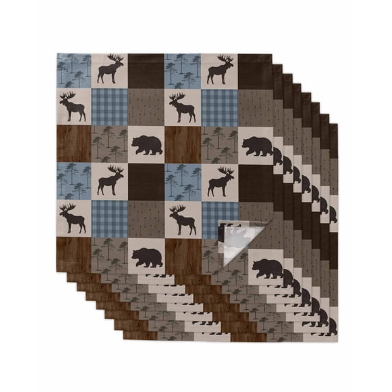Blue Checkered Cabin Cloth Napkins Set of 8 Reusable Dinner Napkins, Farmhouse Forest Brown Buffalo Plaid Cocktail Napkin Washable Table Napkins for Wedding/Holiday Party/Baby Shower 20"x20"